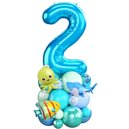Luftballons 2. Geburtstag Junge Blau Ozean Zahlen 2 Folienballons für 2 Jahr Alt Geburtstags Deko mit Hai Fisch Shark 40 Zoll Groß Blau Grün unter dem Meer Tiere Zwei Digit Ballon für Zweite 2nd Party von Domgoge