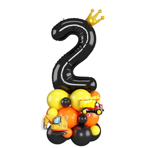 Luftballons 2. Geburtstag Junge Schwarz Bagger Zahlen 2 Folienballons für 2 Jahr Alt Geburtstags Deko mit Bauwagen 40 Zoll Groß Schwarz Orange Gelb Zwei Digit Ballons für 2nd Geburtstags Feier Party von Domgoge