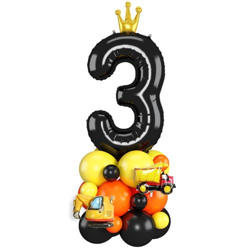 Luftballons 3. Geburtstag Junge Schwarz Bagger Zahlen 3 Folienballons für 3 Jahr Alt Geburtstags Deko mit Bauwagen 40 Zoll Groß Schwarz Orange Gelb Drei Digit Ballons für 3rd Geburtstags Feier Party von Domgoge