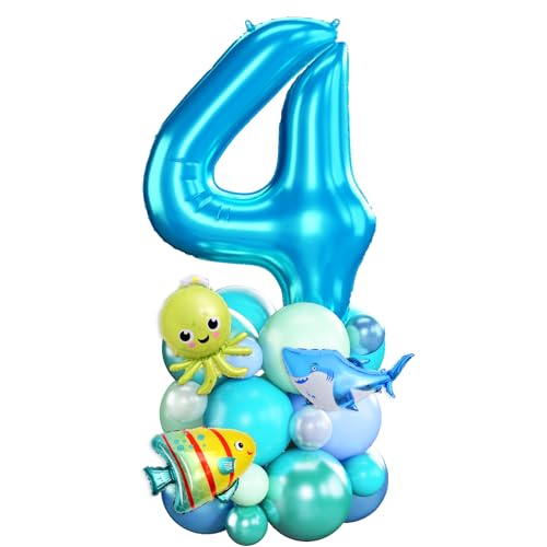 Luftballons 4. Geburtstag Junge Blau Ozean Zahlen 4 Folienballons für 4 Jahr Alt Geburtstags Deko mit Hai Fisch Shark 40 Zoll Groß Blau Grün unter dem Meer Tiere Vier Digit Ballon für Vierte 4th Party von Domgoge