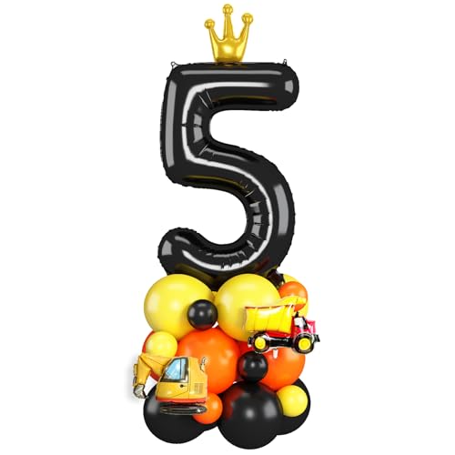 Luftballons 5. Geburtstag Junge Schwarz Bagger Zahlen 5 Folienballons für 5 Jahr Alt Geburtstags Deko mit Bauwagen 40 Zoll Groß Schwarz Orange Gelb Fünf Digit Ballons für 5th Geburtstags Feier Party von Domgoge