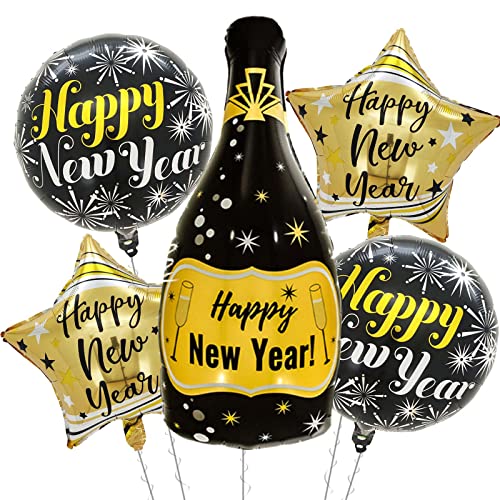 Luftballons Happy New Year, 5 Stück Neujahr Folienballon, Happy New Year Ballon, Schwarz Gold Luftballons Neujahr mit Champagner Stern, Riese Neujahr Ballons für Weihnachten Silvester 2024 Party Deko von Domgoge