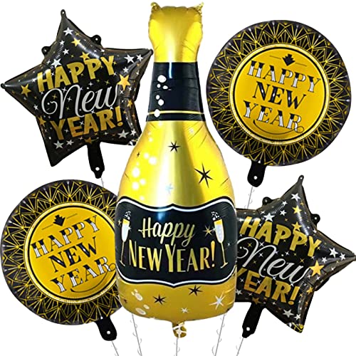 Luftballons Happy New Year, Happy New Year Ballon, Schwarz Gold Neujahr Folienballon, 5 Stück Luftballons Neujahr mit Champagner Stern, Riese Neujahr Ballons für Weihnachten Silvester 2024 Party Deko von Domgoge
