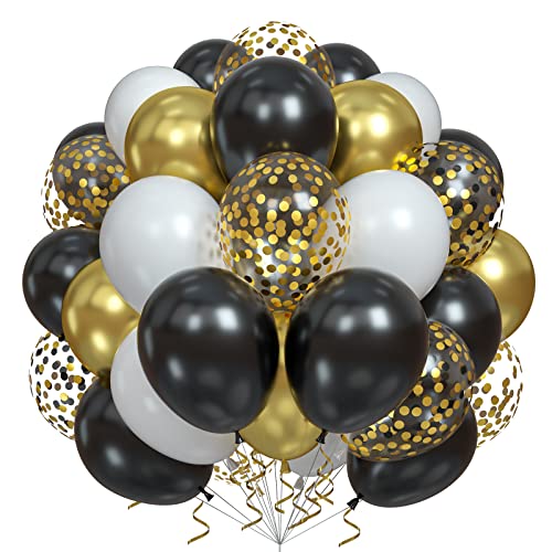 Luftballons Schwarz Gold Weiß, 60 Pack 12 Zoll Gold Schwarz Weiss Luftballons Set mit Metallic Latex Konfetti Ballons, Geburtstag Feier Ballons für Hochzeitstag Abschluss Urlaub Party Dekorationen von Domgoge