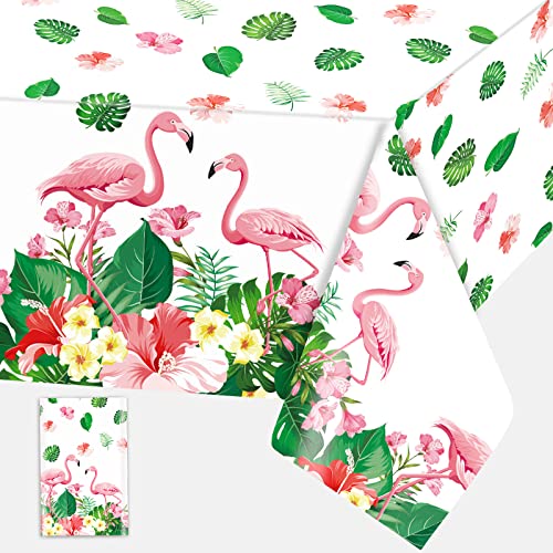 Tischdecke Flamingo Tischdecke Tropisch Hawaii Party Einweg Aloha Luau Tischdecke mit Palmen Blätter 108*54 Zoll Rechteck Wasserdicht Dünn Plastic Tischtuch für Sommer Geburtstag Babyparty Dekoration von Domgoge
