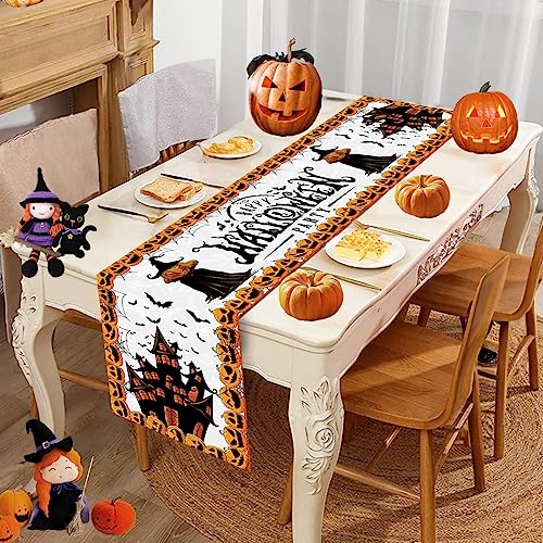 Tischläufer Halloween, Happy Halloween Tischläufer Deko, Abwaschbar Schaurig Trick or Treat Kürbis Geist SchläGer Tischdecke, Halloween Party Lang Tischtuch Tischband Tisch Dekorationen, 14x71 Zoll von Domgoge