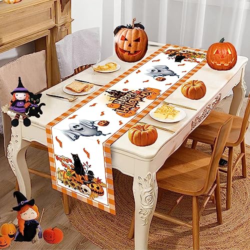 Tischläufer Halloween Happy Halloween Tischläufer Deko Abwaschbar Schaurig Trick or Treat Kürbis Katze Geist SchläGer Tischdecke Halloween Party Lang Tischtuch Tischband Tisch Dekoration, 14x71 Zoll von Domgoge