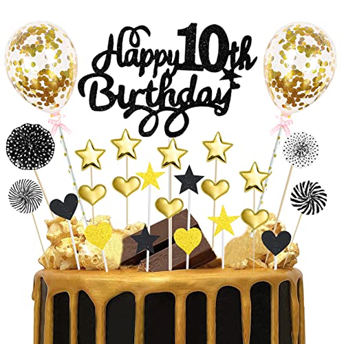 Tortendeko Geburtstag 10 Jahre, Schwarz Gold Happy 10th Birthday Cake Topper, Glitzer Kuchendeckel Geburtstag mit Herz Stern Luftballons, Cupcake Topper 10. Geburtstag Party Deko für Junge Mädchen von Domgoge