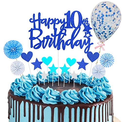 Tortendeko Geburtstag 10 Jahre, Tortendeko 10. Geburtstag Blau, Happy 10th Birthday Cake Topper, Königsblau Kuchendeckel Geburtstag mit Luftballons, Cupcake Topper Geburtstag Party Deko für Junge von Domgoge
