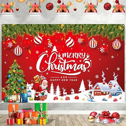 Weihnachten Banner Frohe Weihnachten Hintergrund Banner Rot Merry Christmas and Happy New Year Banner Outdoor Groß Veranda Schild Wand Hängend Banner für Weihnachts Xmas Neujahr Party Deko, 185x110 cm von Domgoge