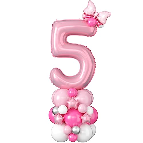 Rosa Luftballons Geburtstag Zahlen 5 Jahr Folienballon Pastell Rosa Digit Luftballons 40 Zoll XXL Große Hot Pink Hell Weiß Helium Luftballon Deko für Mädchen Frauen 5th Geburtstagsdeko Jubiläums Party von Domgoge