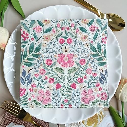 Papierservietten mit Blumenmuster, 33 cm x 33 cm, bunte Blumen, gemusterte Servietten, grüne Blätter, Cocktail-Party-Servietten, Einweg-Party-Servietten, Frühling, Sommer, für Nachmittagstee, Party von Domicubes