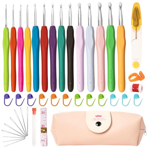 Domkan Häkelnadel Set 14 Stück, Größe 2 mm bis 10 mm, Rosa, Metall, Ergonomische Griffe aus weichem Gummi, Perfekt für Häkel- und Strickprojekte von Domkan