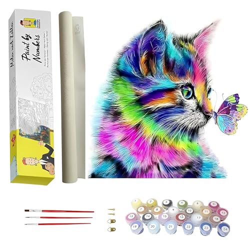 DonElton Malen nach Zahlen Katze - Set inklusive vorgedruckter Leinwand, 3 Pinseln und bunten Acrylfarben - DIY Malen nach Zahlen Erwachsene Katzen von DonElton