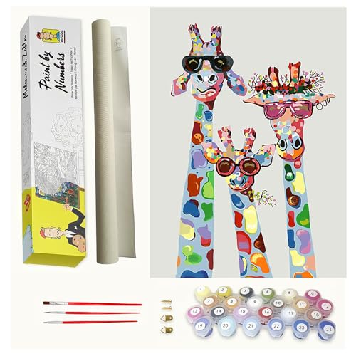 DonElton Malen nach Zahlen Giraffe - DIY Malen nach Zahlen für Erwachsene - Set inklusive vorgedruckter Leinwand, 3 Pinseln und bunten Acrylfarben von DonElton