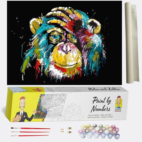 Malen nach Zahlen Affe - DIY Malen nach Zahlen für Erwachsene - Set inklusive vorgedruckter Leinwand, 3 Pinseln und bunten Acrylfarben von DonElton