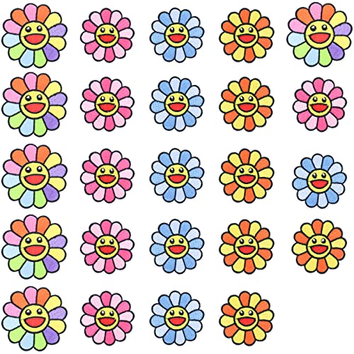 24 Stück Smiley-Aufnäher mit Sonnenblumen-Motiv, bunt, fröhliches Lächeln, bestickt, zum Aufbügeln für Kleidung, Jacken, Jeans, Hosen, Rucksäcke von DonLeeving