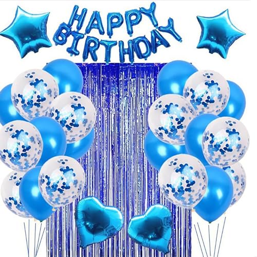 Geburtstagsballons, Geburtstagsdekorationen, Latex-Ballon-Set Quaste Vorhang, Tischdecke, Folie Happy Birthday Banner für Mädchen Jungen Party Dekoration (Blau) von Donboly