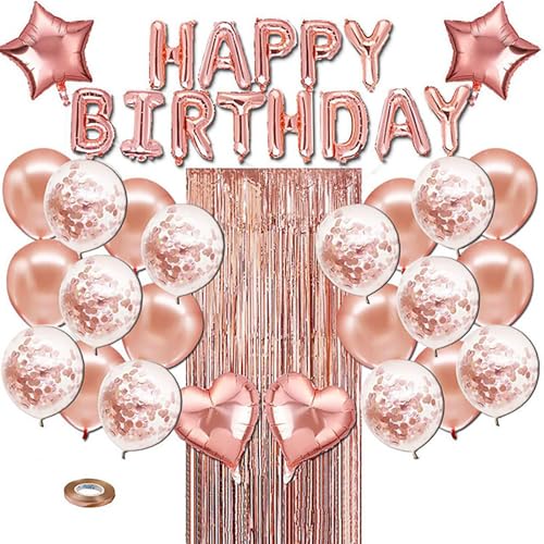 Geburtstagsballons, Geburtstagsdekorationen, Latex-Ballon-Set Quaste Vorhang, Tischdecke, Folie Happy Birthday Banner für Mädchen Jungen Party Dekoration (Roségold) von Donboly