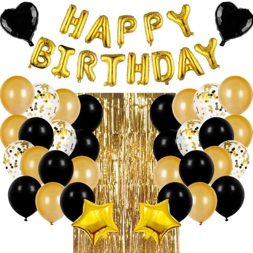 Geburtstagsballons, Geburtstagsdekorationen, Latexballon-Set Quastenvorhang, Tischdecke, Folie Happy Birthday Banner für Mädchen Jungen Party Dekoration (Schwarz Gold) von Donboly