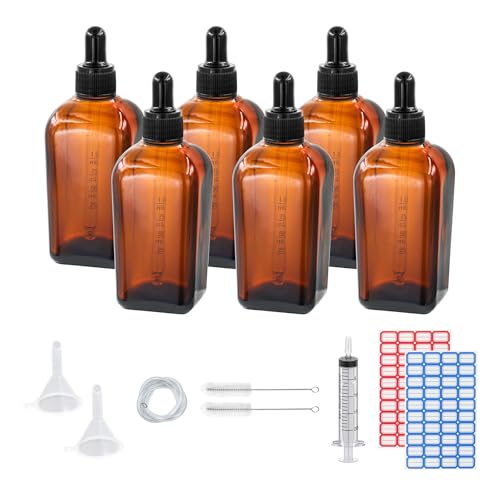 Dondeen Pipettenflasche 100ml,6 pcs braunglas glasflasche pipette,Apothekerflasche,tropfflasche,mit Spritze Trichter,für ätherische Öle, Parfümöle, Flüssigfarbstoffen Aromatherapie Mischungen (100ml) von Dondeen