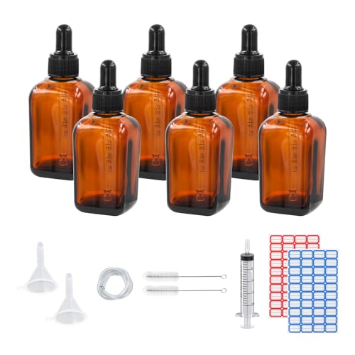 Dondeen Pipettenflasche 50ml,6 pcs braunglas glasflasche pipette,Apothekerflasche,tropfflasche,mit Spritze Trichter,für ätherische Öle, Parfümöle, Flüssigfarbstoffen Aromatherapie Mischungen (50ml) von Dondeen