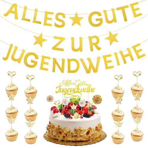Alles Gute zur Jugendweihe Girlande,Glitzer Gold Jugendweihe Banner zum Aufhängen mit Alles Gute zur Jugendweihe Tortendeko und Cake Topper,Jugendweihe Party Deko für Junge Mädchen von Dongcill