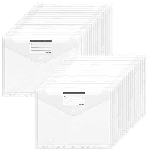 Donken 36 Stück Dokumentenmappe A4, Transparente Dokumententasche A4 mit Druckknopf, Wasserdicht Sammelmappen A4 Mappen mit 11 Binderlöcher und Etikettentasche (36 Stück - Weißer Druckknopf) von Donken