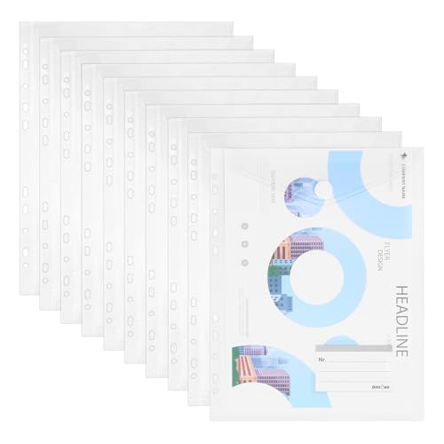Donken Dokumentenmappe A4, 10 Stück Dokumententasche A4 Abheftbar, Mappen Hochformat mit 11 Lochrand Klettverschluss und Etikettentasche, Wasserdicht Sammelmappe für Dokumente (Transparent) von Donken