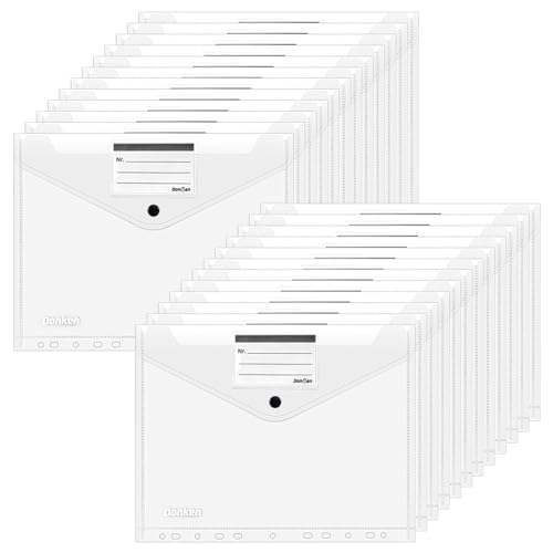 Donken Dokumentenmappe A4, Transparente Dokumententasche A4 mit Druckknopf, Wasserdicht Sammelmappen A4 Mappen mit 11 Binderlöcher und Etikettentasche (24 Stück - Schwarzer Druckknopf) von Donken