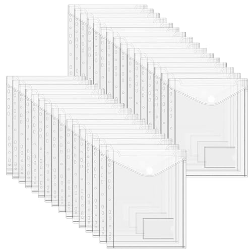 Donken Dokumententasche A4, 32 Stück Dokumentenmappe A4 zum Abheften mit Druckknopf Sichttasche A4 Brieftaschen für Organisieren mit 11 Lochrand und Etikettentasche von Donken