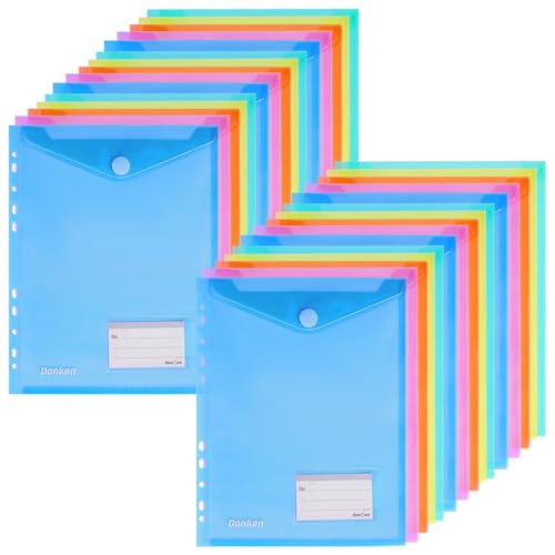 Dokumententasche A4, Dokumentenmappe A4, 30 Stück Bunte Mappen mit Klettverschluss, Sammelmappen Sichttasche für Organisieren mit 11 Lochrand & Etikettentasche von Donken