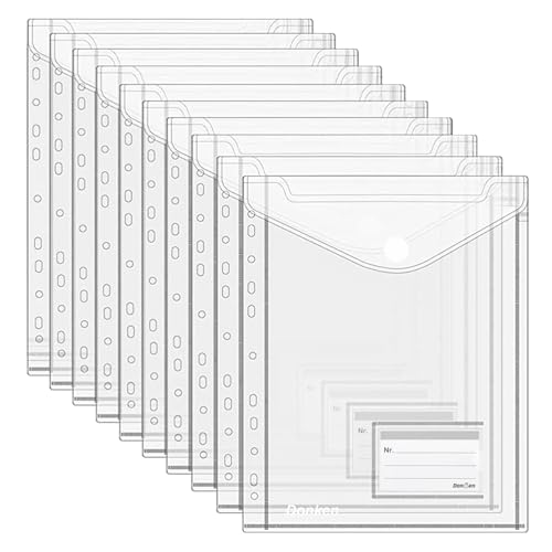 Donken Dokumententasche A4, 10 Stück Dokumentenmappe A4 zum Abheften mit Druckknopf Sichttasche A4 Brieftaschen für Organisieren mit 11 Lochrand und Etikettentasche von Donken