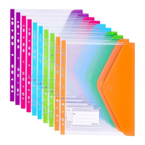 Donken Dokumententasche A4 Abheftbar, Wasserdichte Dokumentenmappe Sammelmappen mit Klettverschluss & Etikettentasche, Bunte Mappen für Dokumente Organisieren (10 Stück, Bunt) von Donken