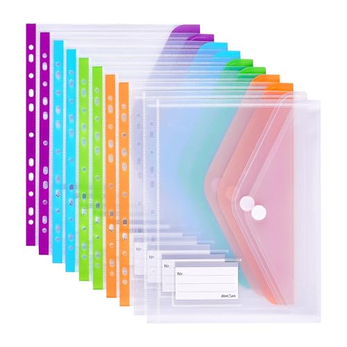 Donken Dokumententasche A4 Abheftbar, Wasserdichte Dokumentenmappe Sammelmappen mit Klettverschluss & Etikettentasche, Bunte Mappen für Dokumente Organisieren (10 Stück, Bunt & Transparent) von Donken