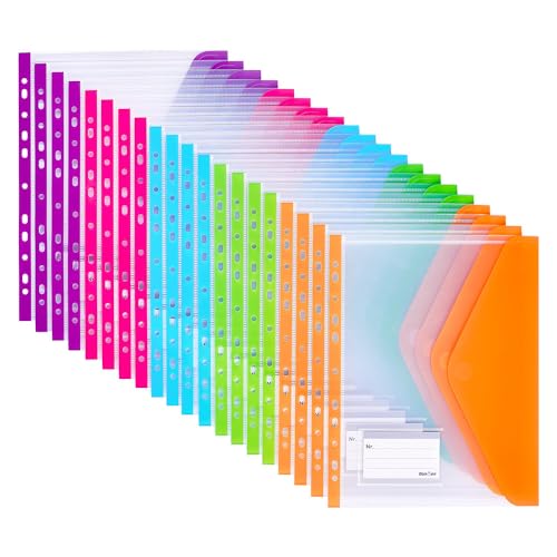 Donken Dokumententasche A4 Abheftbar, Wasserdichte Dokumentenmappe Sammelmappen mit Klettverschluss & Etikettentasche, Bunte Mappen für Dokumente Organisieren (20 Stück, Bunt) von Donken