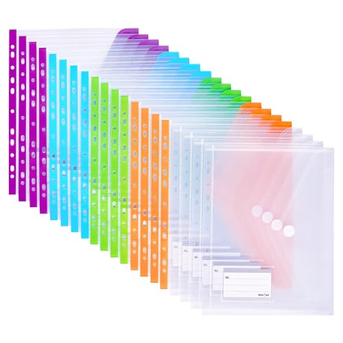 Donken Dokumententasche A4 Abheftbar, Wasserdichte Dokumentenmappe Sammelmappen mit Klettverschluss & Etikettentasche, Bunte Mappen für Dokumente Organisieren (20 Stück, Bunt & Transparent) von Donken