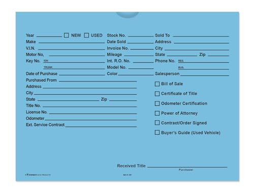 Printed Vehicle Deal Envelopes 9x12 Deal Jackets (100 shrink wrapped) (Blue) by Donkey Auto Products von Donkey Auto Products