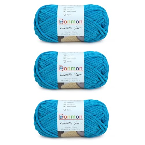 Chenille-Garn zum Häkeln, Basteln, Weben, 3 Knäuel, Seeblau von Donmon