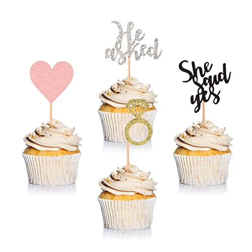Donoter 24 Stück Verlobungs-Cupcake-Topper "He Asked She Said Yes" Diamantring Herz Cupcake Picks für Hochzeit Brautdusche Party Kuchen Dekorationen von Donoter