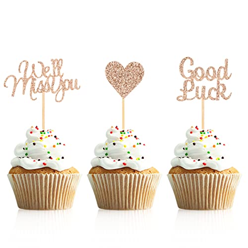 Donoter 24 Stück rotgoldener Glitzer We Will Miss You Cupcake Toppers Good Luck Heart Cake Picks für Go Away Party Tischdekorationen von Donoter