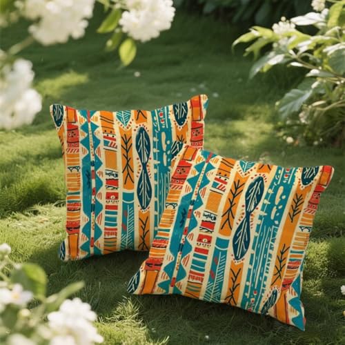 Outdoor Kissen 35x35 cm 2er Set Kissenbezug Abstrakt Kissen Deko Kissenbezüge Atmungsaktiv Wetterfest, Quadrat Sofakissen Samtstoff Kissenhülle Stammesmuster Outdoorkissen für Garten Balkon Deko e88 von Donpeer
