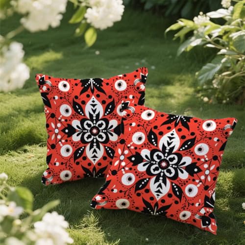 Outdoor Kissen 35x35 cm 2er Set Kissenbezug Böhmen Kissen Deko Kissenbezüge Atmungsaktiv Wetterfest, Quadrat Sofakissen Samtstoff Kissenhülle Rot Outdoorkissen für Garten Balkon Deko Geschenke e42 von Donpeer