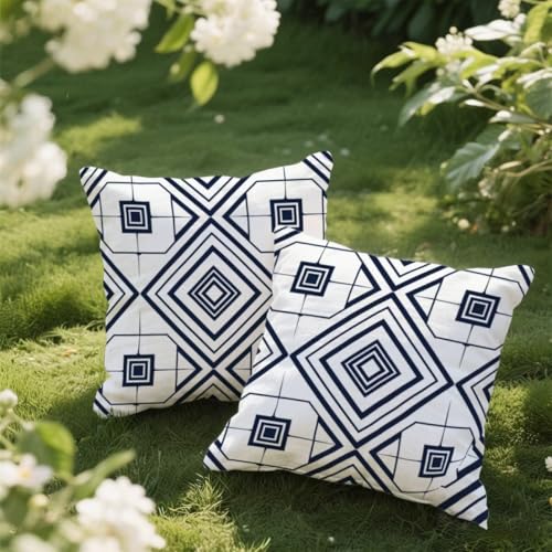 Outdoor Kissen 35x35 cm 2er Set Kissenbezug Marineblau Kissen Deko Kissenbezüge Atmungsaktiv Wetterfest, Quadrat Sofakissen Samtstoff Kissenhülle Geometrie Outdoorkissen für Garten Balkon Deko e70 von Donpeer