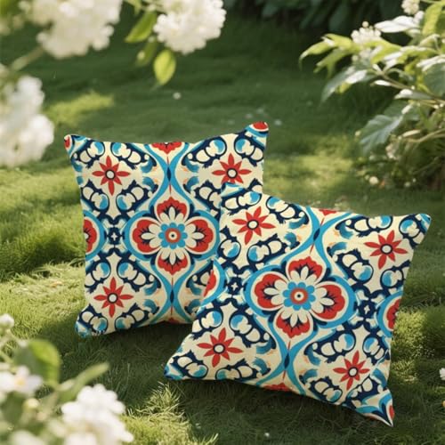 Outdoor Kissen 35x35 cm 2er Set Kissenbezug Teppichmuster Kissen Deko Kissenbezüge Atmungsaktiv Wetterfest, Quadrat Sofakissen Samtstoff Kissenhülle Mandala Outdoorkissen für Garten Balkon Deko e124 von Donpeer
