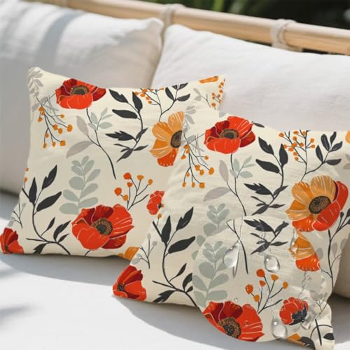 Outdoor Kissen 45x45 cm 2er Set Kissenbezug Mohn Kissen Deko Kissenbezüge Atmungsaktiv Wetterfest, Quadrat Sofakissen Samtstoff Kissenhülle Creme Outdoorkissen für Garten Balkon Deko Geschenke e690 von Donpeer