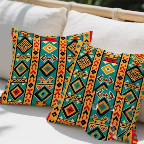 Outdoor Kissen 50x50 cm 2er Set Kissenbezug Ethnischer Stil Kissen Deko Kissenbezüge Atmungsaktiv Wetterfest, Quadrat Sofakissen Samtstoff Kissenhülle Retro Outdoorkissen für Garten Balkon Deko e442 von Donpeer