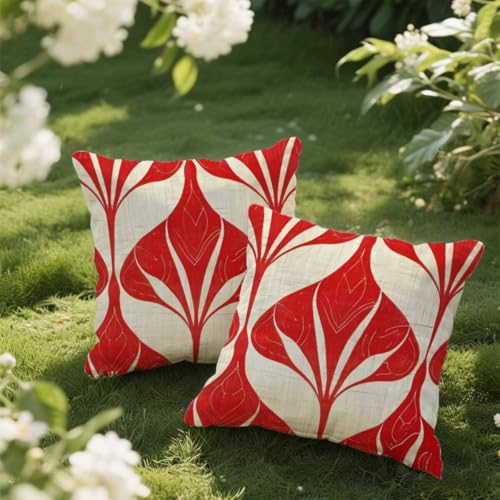 Outdoor Kissen 50x50 cm 2er Set Kissenbezug Rot Kissen Deko Kissenbezüge Atmungsaktiv Wetterfest, Quadrat Sofakissen Samtstoff Kissenhülle Geometrie Outdoorkissen für Garten Balkon Deko Geschenke e232 von Donpeer