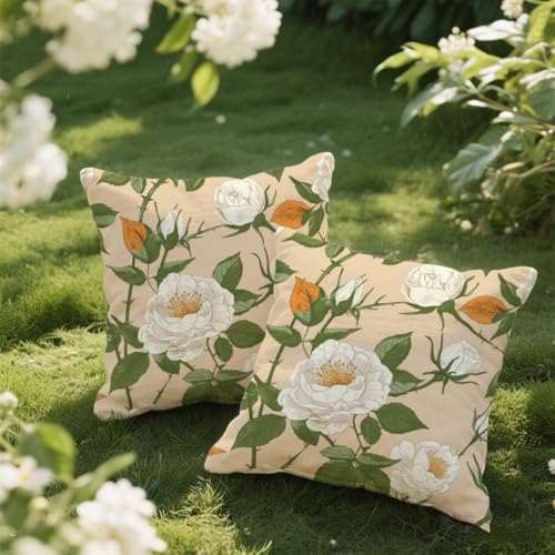 Outdoor Kissen 55x55 cm 2er Set Kissenbezug Weiße Blumen Kissen Deko Kissenbezüge Atmungsaktiv Wetterfest, Sofakissen Samtstoff Kissenhülle Anlage Outdoorkissen für Garten Balkon Deko Geschenke e20 von Donpeer
