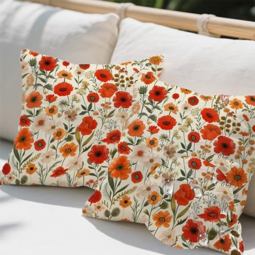 Outdoor Kissen 60x60 cm 2er Set Kissenbezug Blumen Kissen Deko Kissenbezüge Atmungsaktiv Wetterfest, Quadrat Sofakissen Samtstoff Kissenhülle Mohn Outdoorkissen für Garten Balkon Deko Geschenke e594 von Donpeer